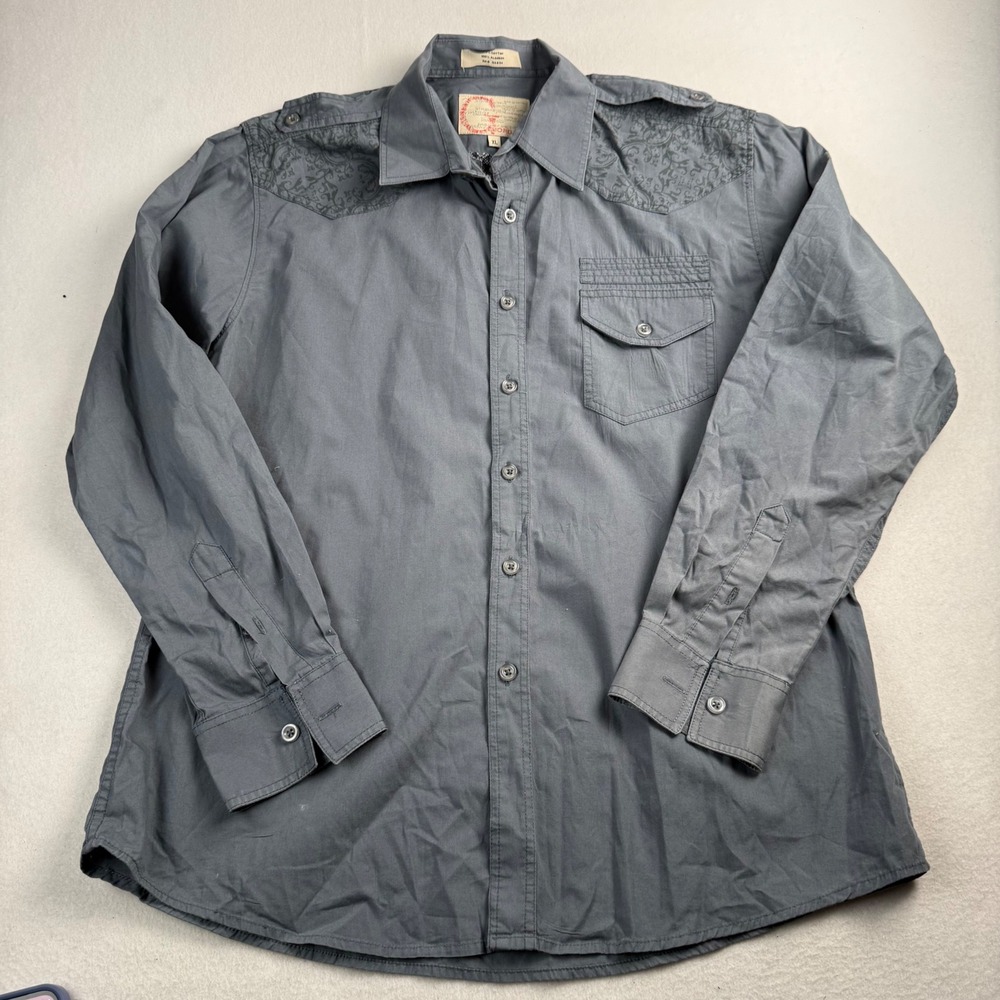 Giorgini Mens XL‎ Blue Gray Western Gothic Embroidered Graphic Button Down Shirt